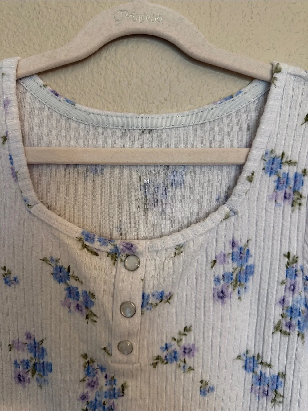 Girl’s Floral Ribbed Henley Top - White with Blue Flower Print